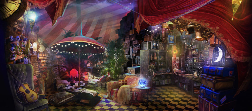 Inside the mystical red circus tent with a bar seating area, lush chairs, and an umbrella with twinkle lights