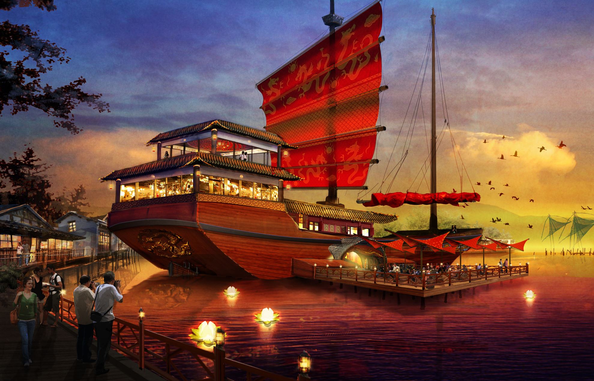 Large flooting doc next to a huge wooden boat with a red sail docked near a boardwalk with people