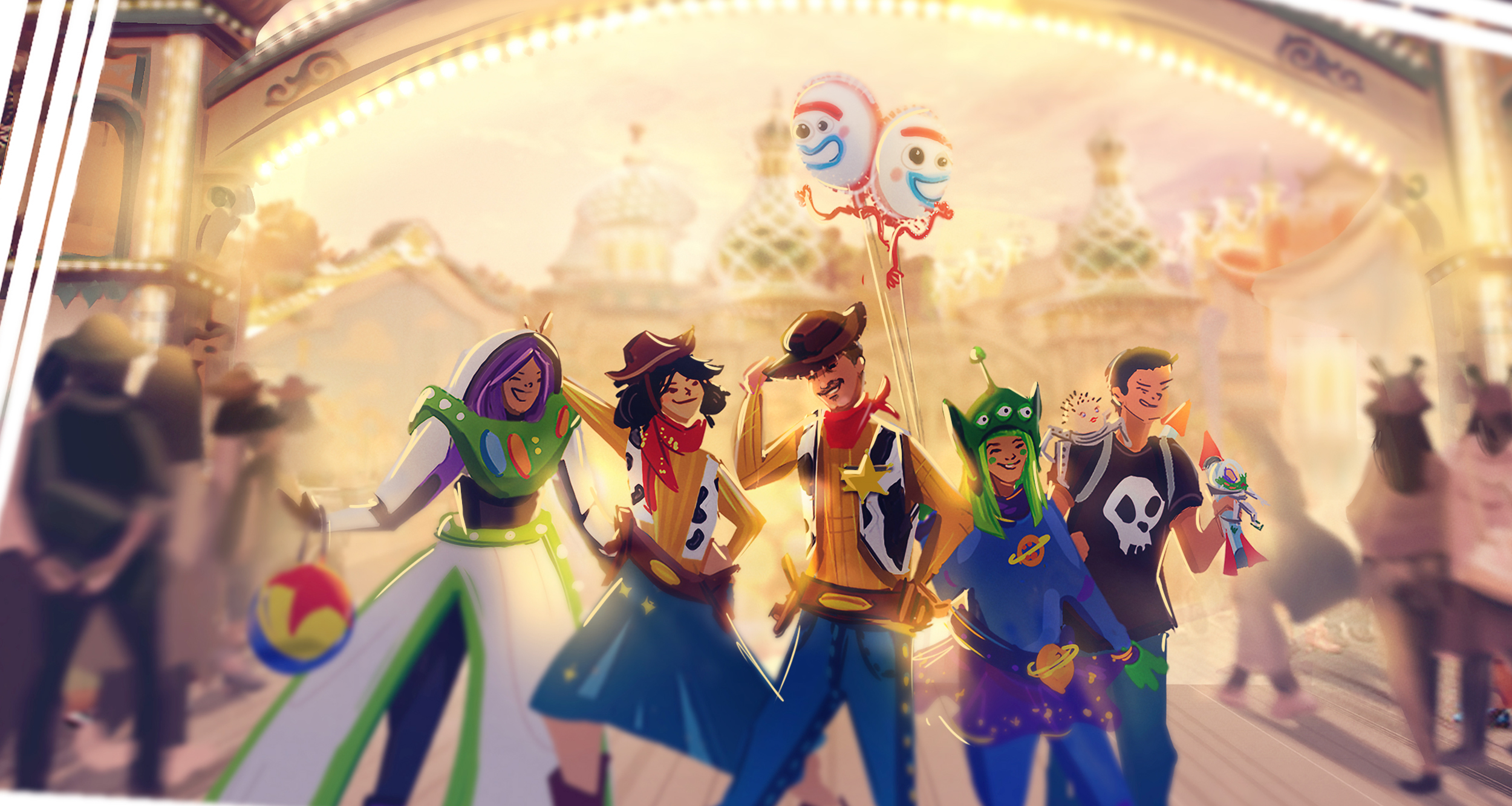 illustration of people dressed up as pixar toy story characters