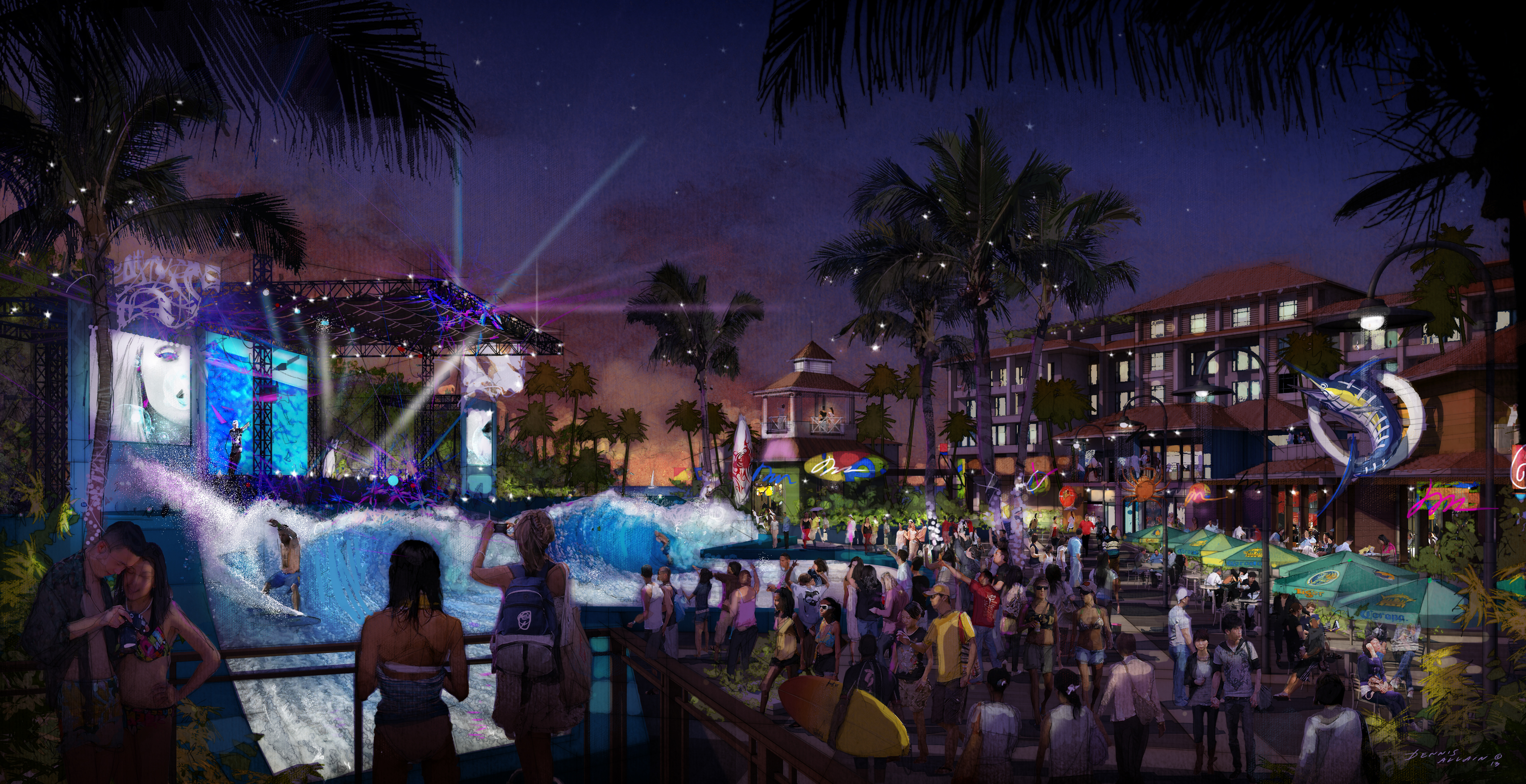 render of crowd watching surfers at night Kohlan Beach