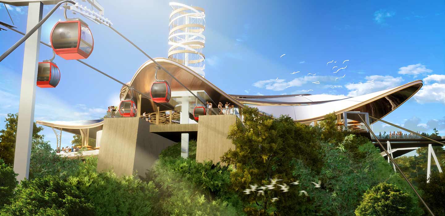 Render of cable cars over green foliage at the Maoming Mountain attraction