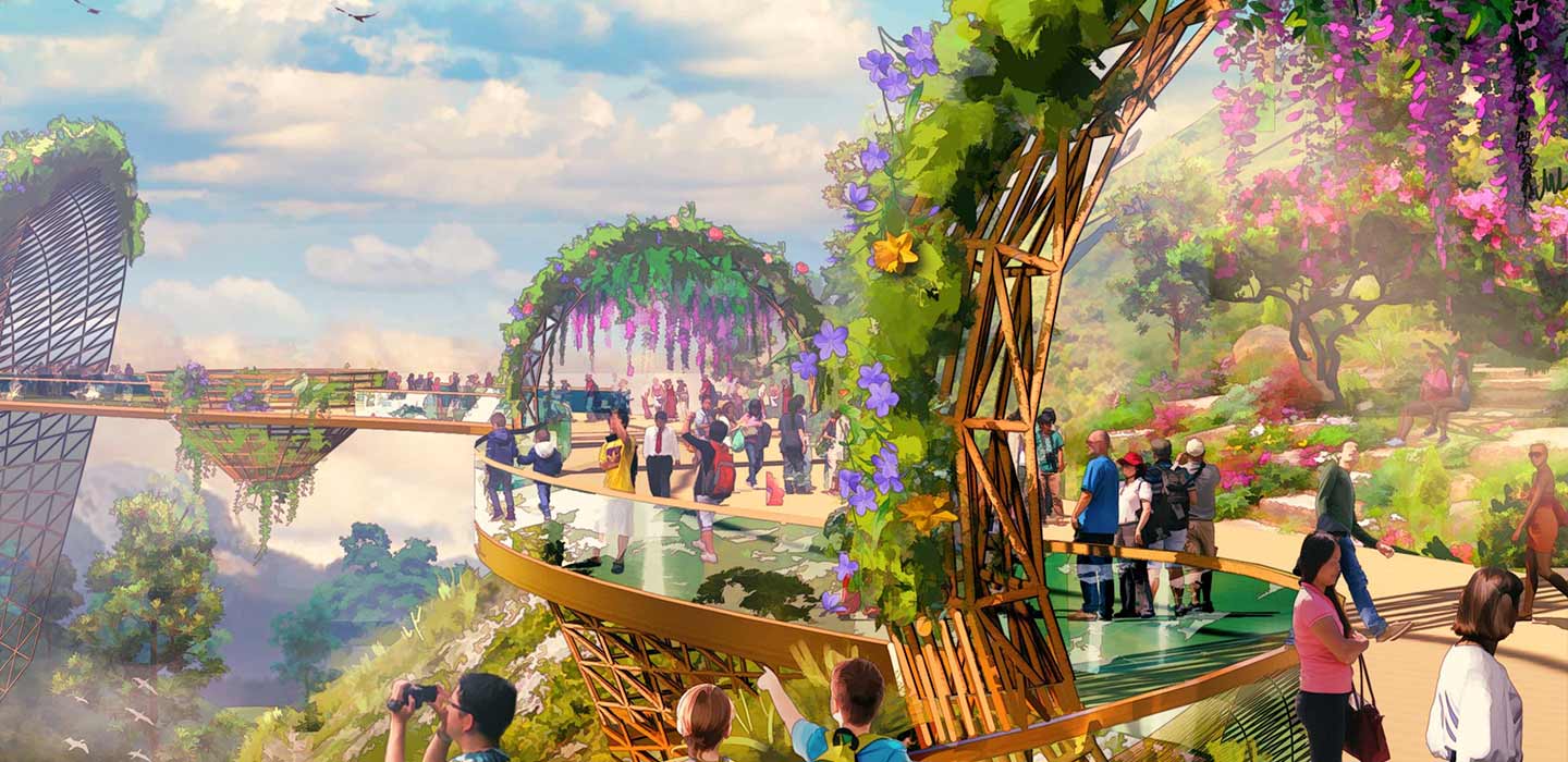Render of Maoming Mountain attraction lookout with wooden arches covered in flowers