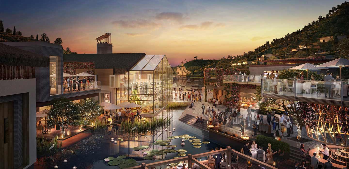 Render of Maoming Mountain attraction with glass building on left and restaurant on right and pond in middle