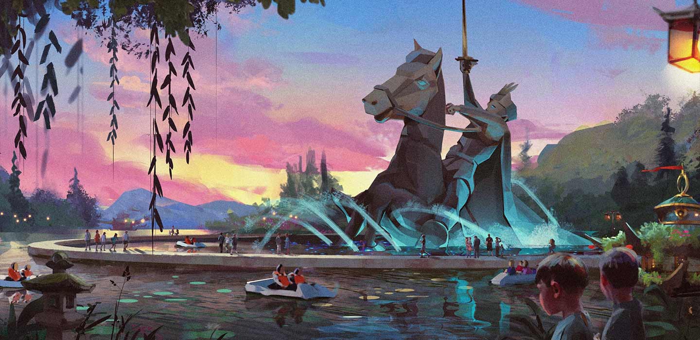 Render of Maoming Mountain attraction with large statue of knight riding horse in a fountain on the water