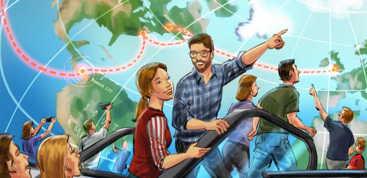 Mira Flores Visitor Experience illustration of man pointing at large world map in background