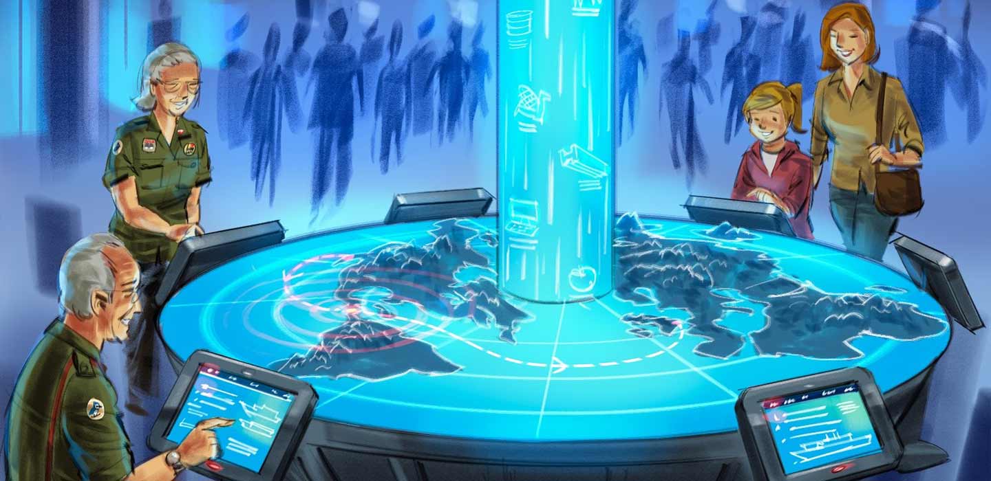 Mira Flores Visitor Experience illustration of blue light up interactive map