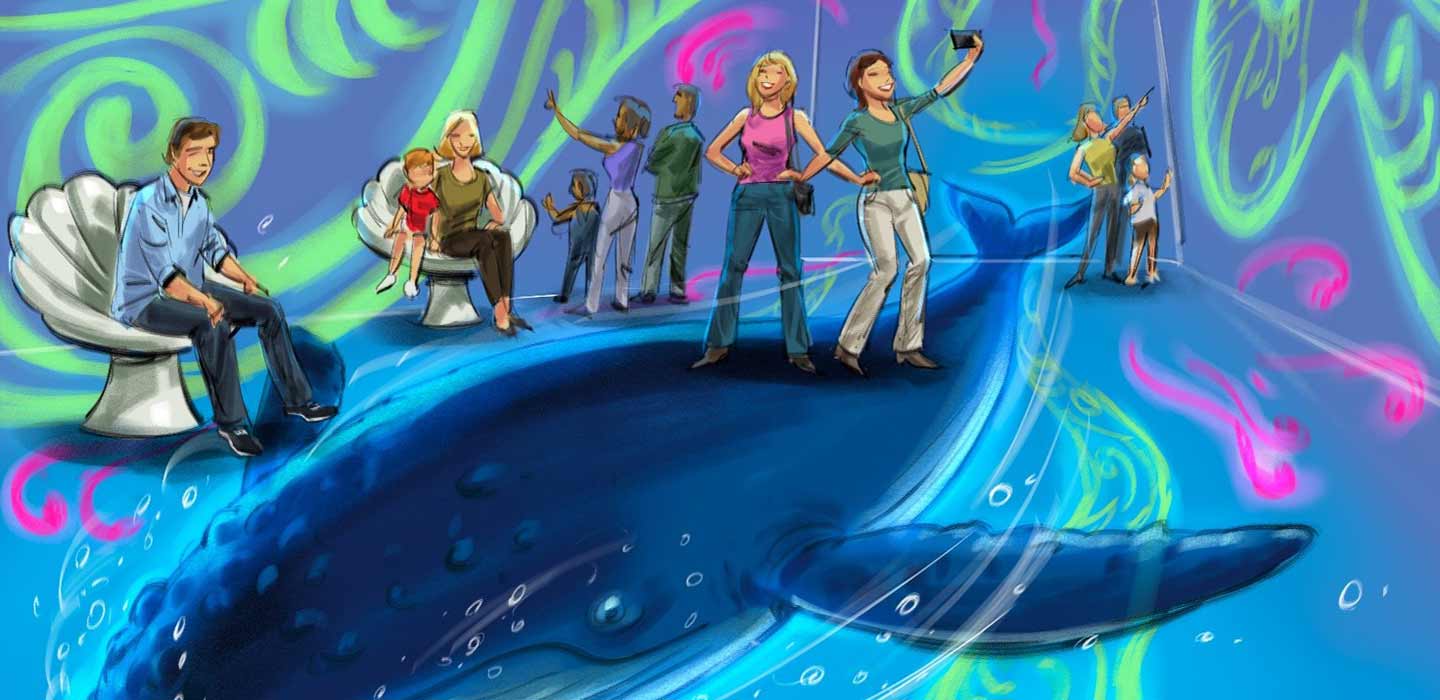 Mira Flores Visitor Experience illustration of people taking pictures on whale floor illustration