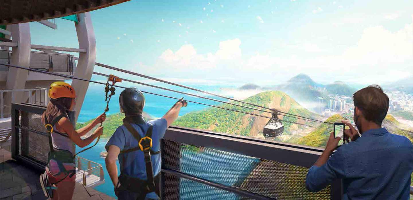 View of cable car going across ocean and green mountains on sunny day from Sugar Loaf Cable Car Attraction platform