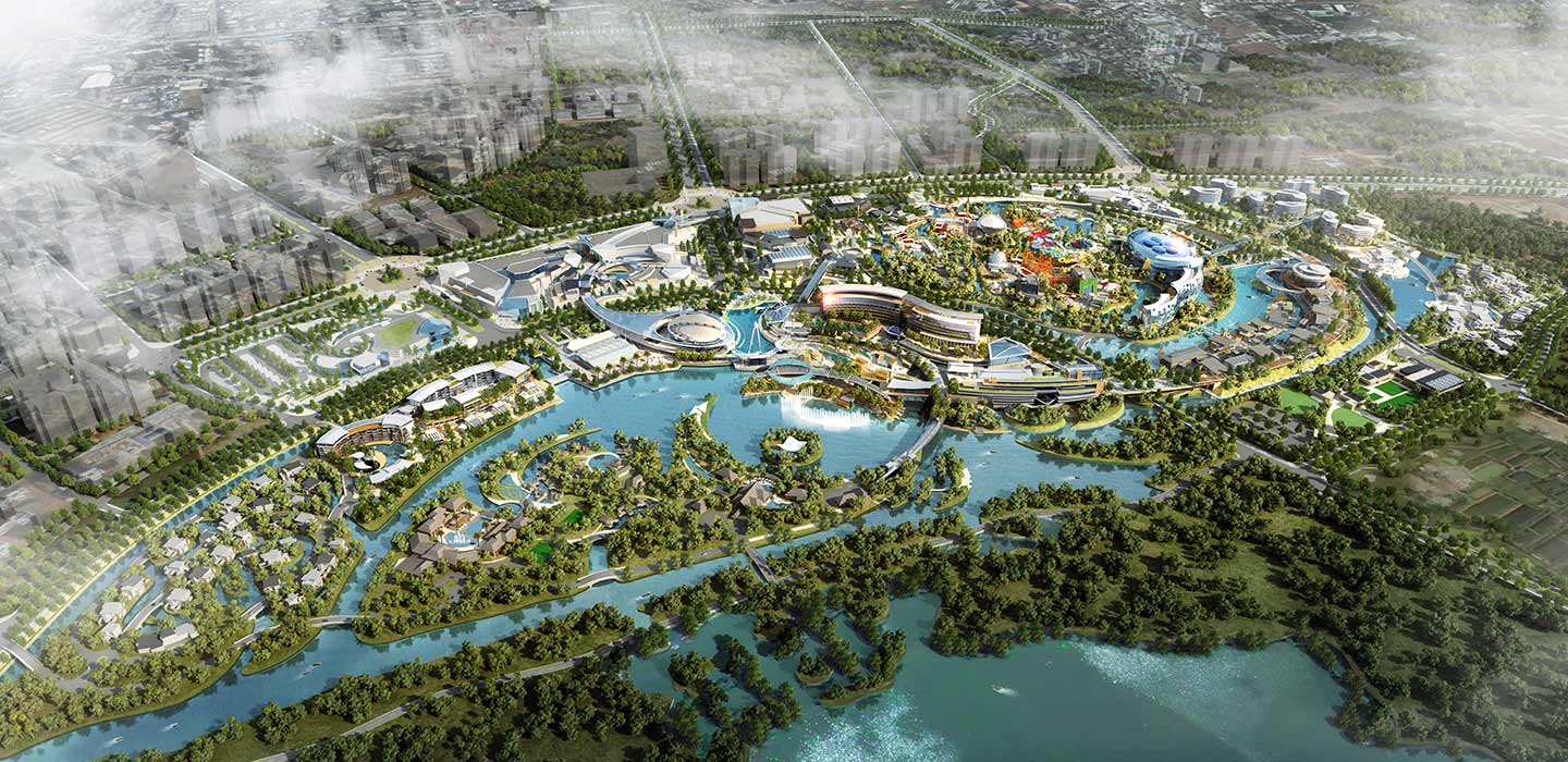 Ariel view render of Xichang Tourism development on sunny day