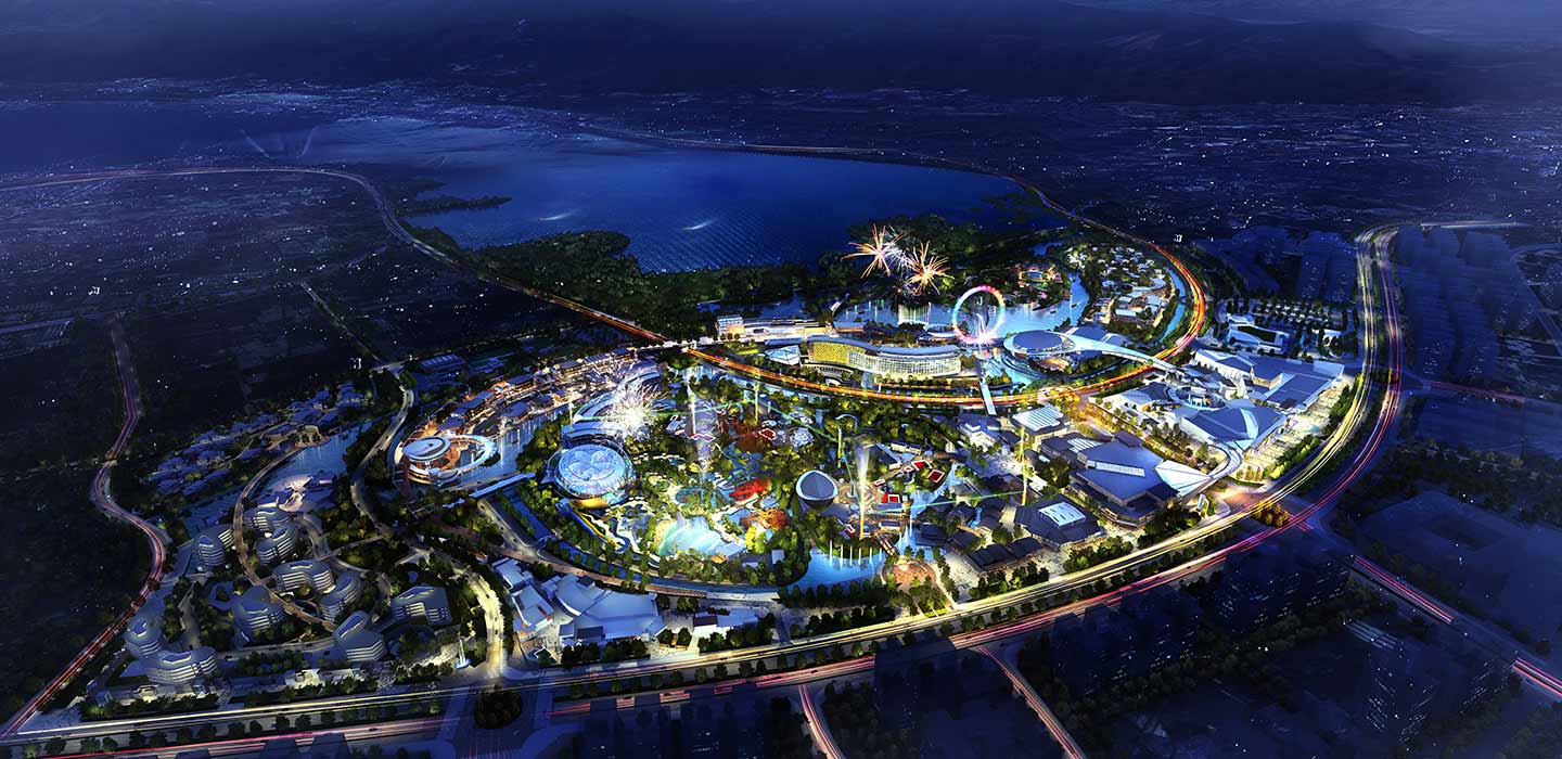 Ariel render of Xichang Tourism development lit up at night