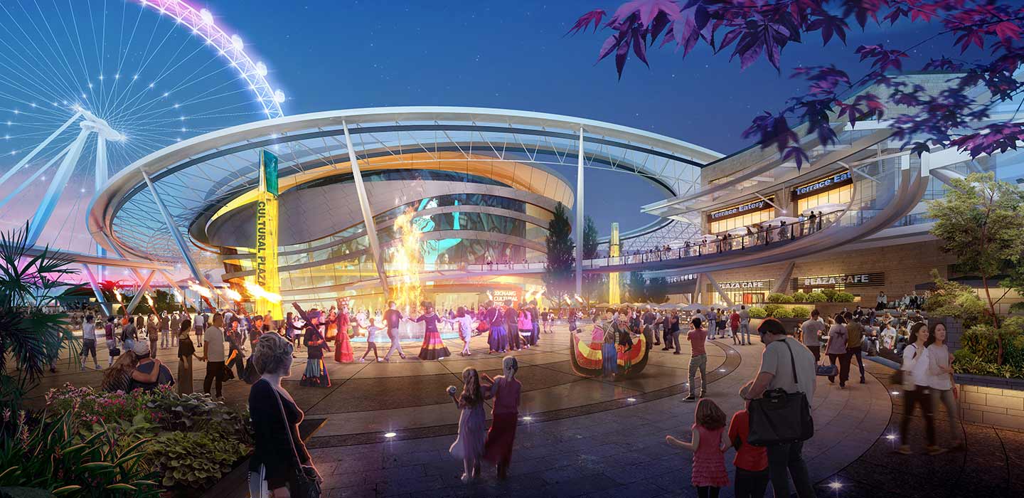 Exterior render of Xichang Tourism development at night with lit up ferris wheel