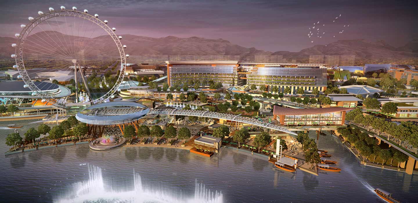 Render of Xichang Tourism development waterfront with large ferris wheel and buildings