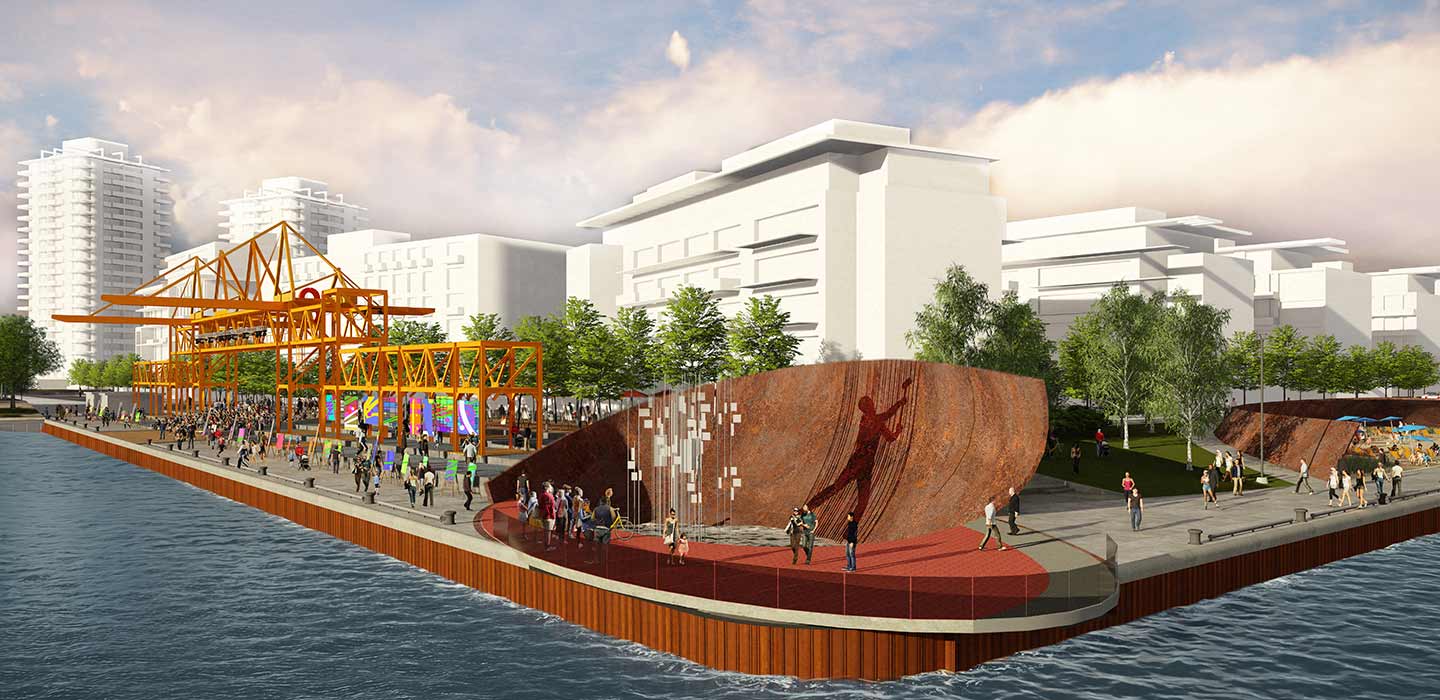 render of parkette on a lake with big brown curved sculpture