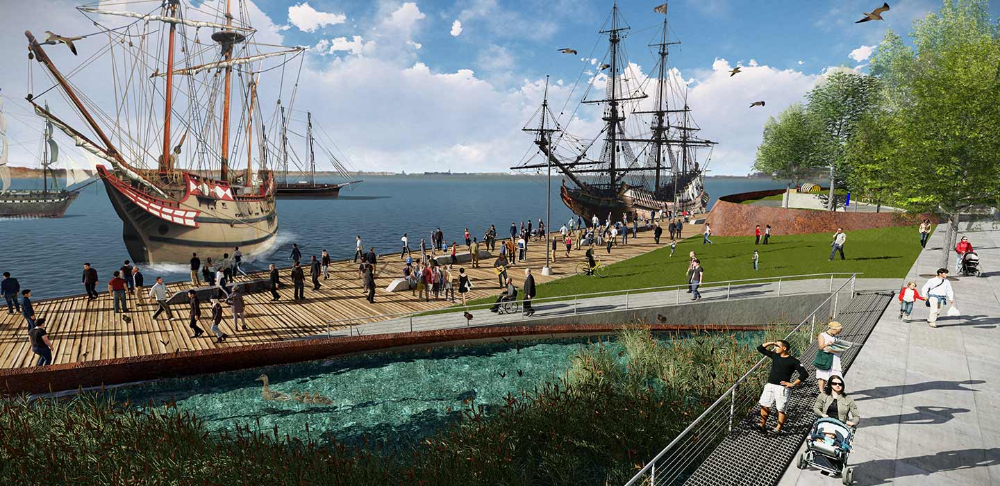 render of Parkette boardwalk on the lake with four big ships and people walking