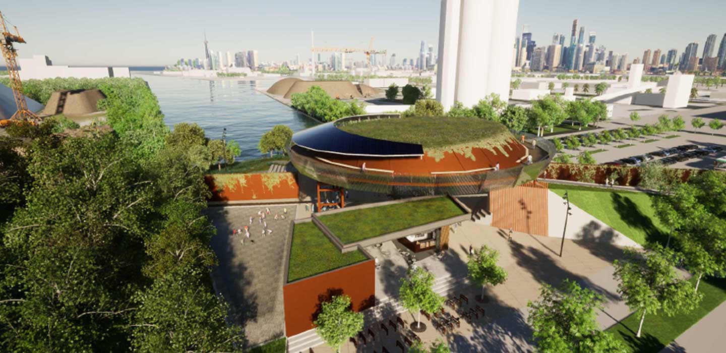 Render of circular and rectangular buildings with greengrass and roofs and Toronto skyline in background