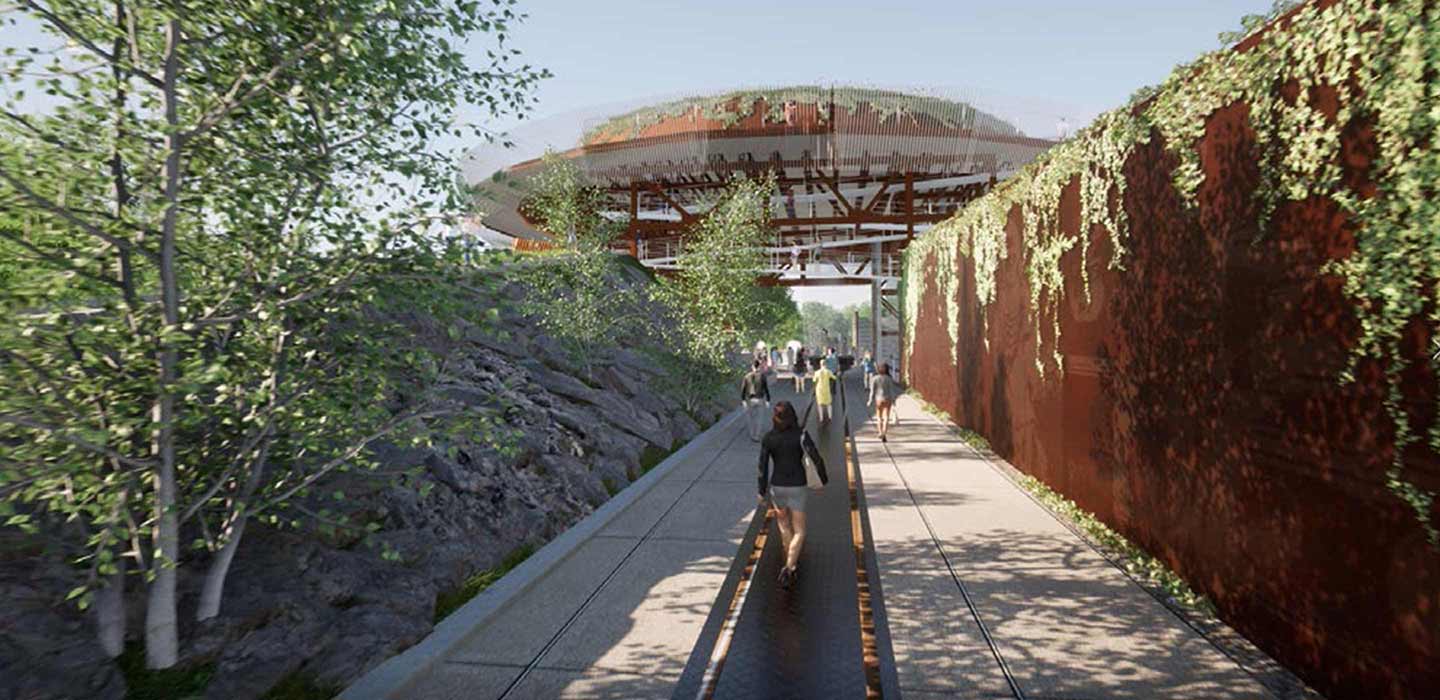 Leslie Spit The Generator Render of people walking in trench underneath circular structure lined with brown wall with green vines and rock wall with green trees