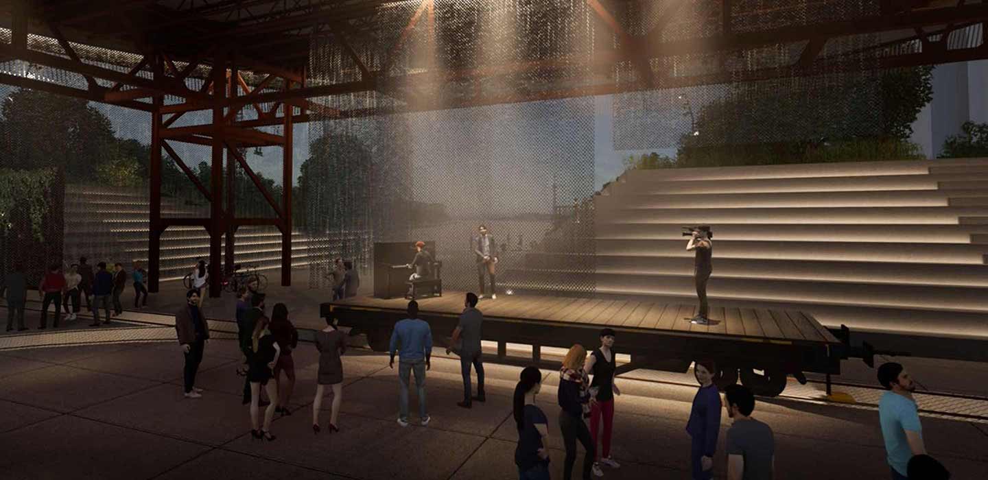 Leslie Spit The Generator Render of insdie with wooden stage and musicians playing and and audience