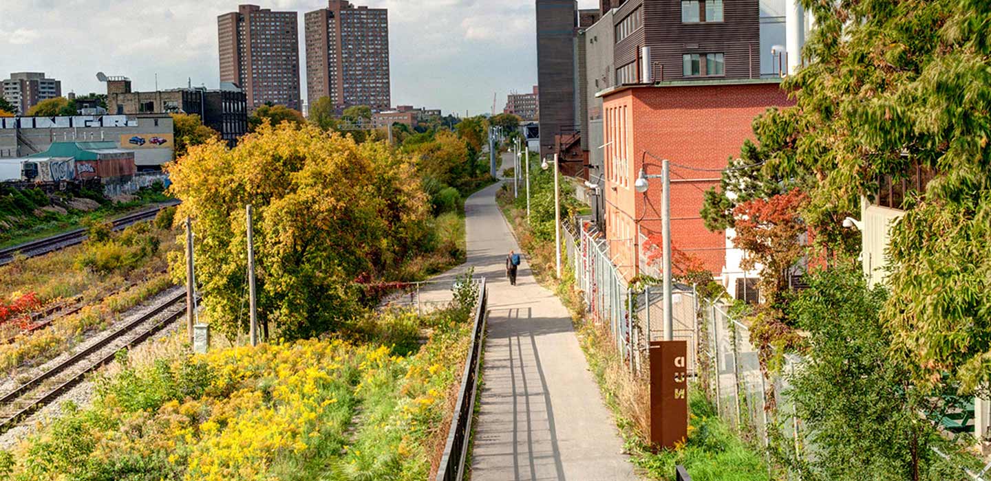person walking down concrete West Toronto Railpath next to railroads lined with trees and city buildings