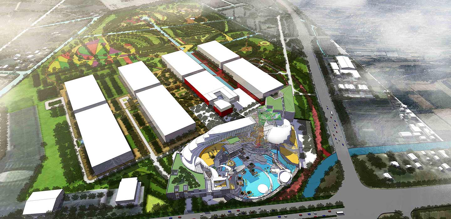 Alpha City Ariel View of four triangular white buildings and a waterpark