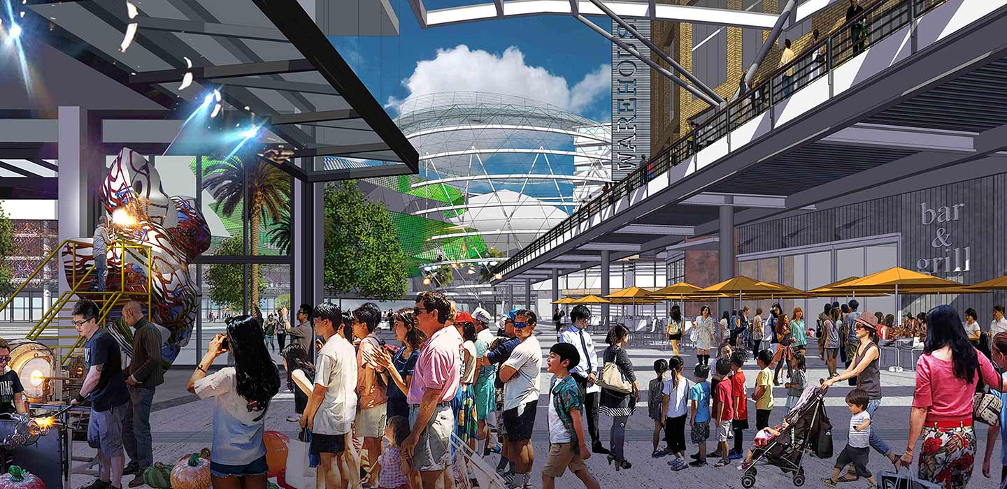 Render of people lining up at the Alpha City Retail area
