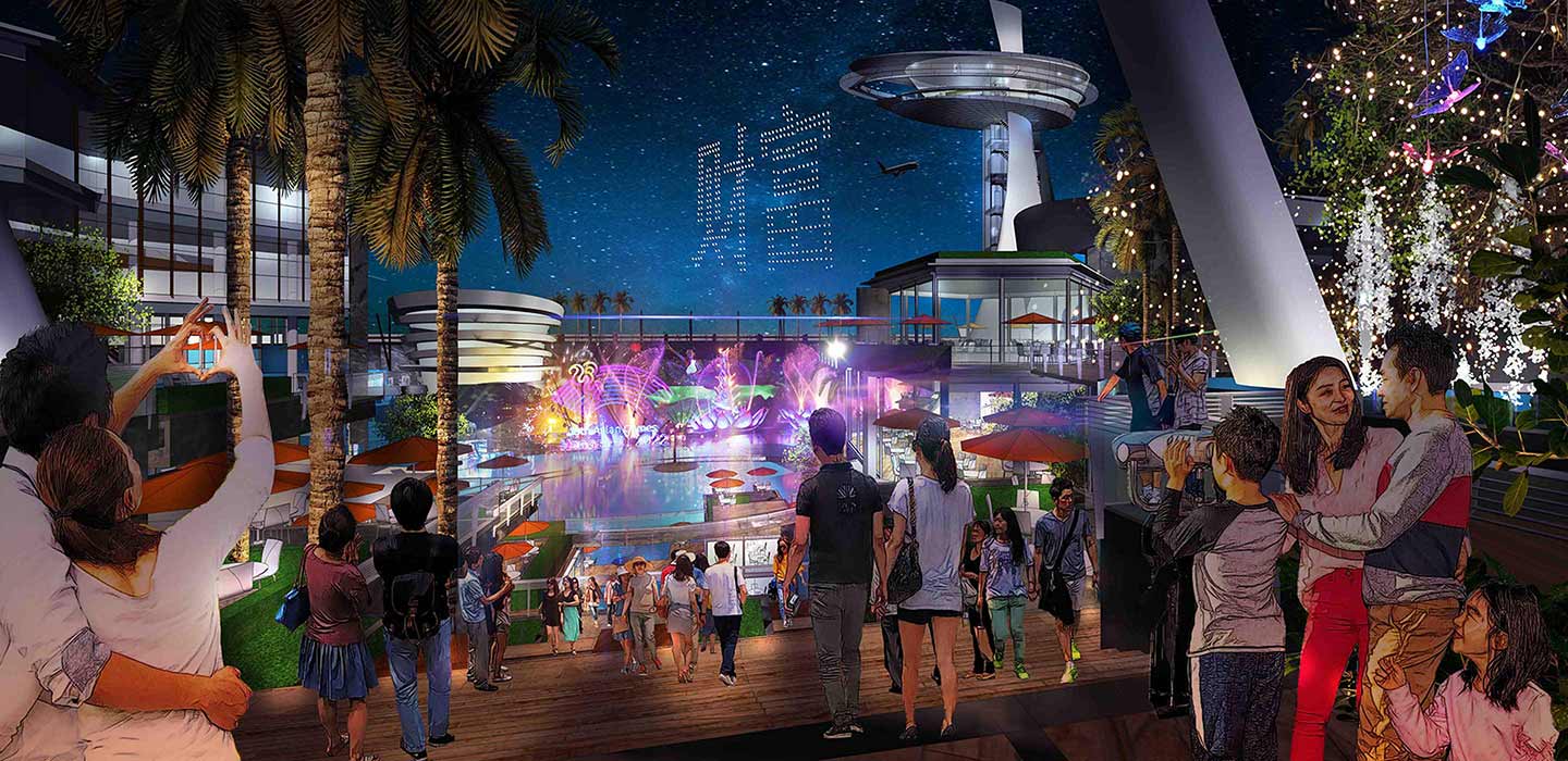 Render of Alpha City Retail area lit up at night