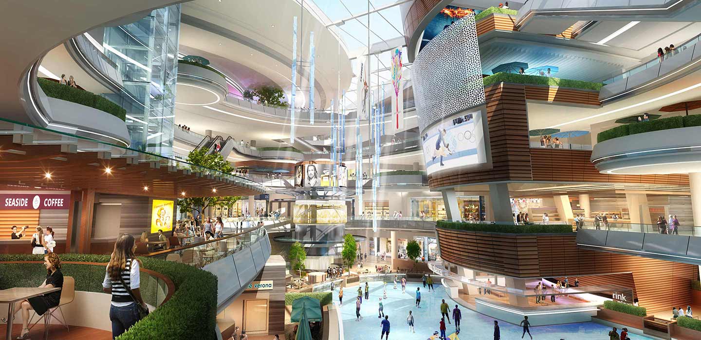 Render of Azerbaijan Dream Land plaza interior with ice rink on ground floor