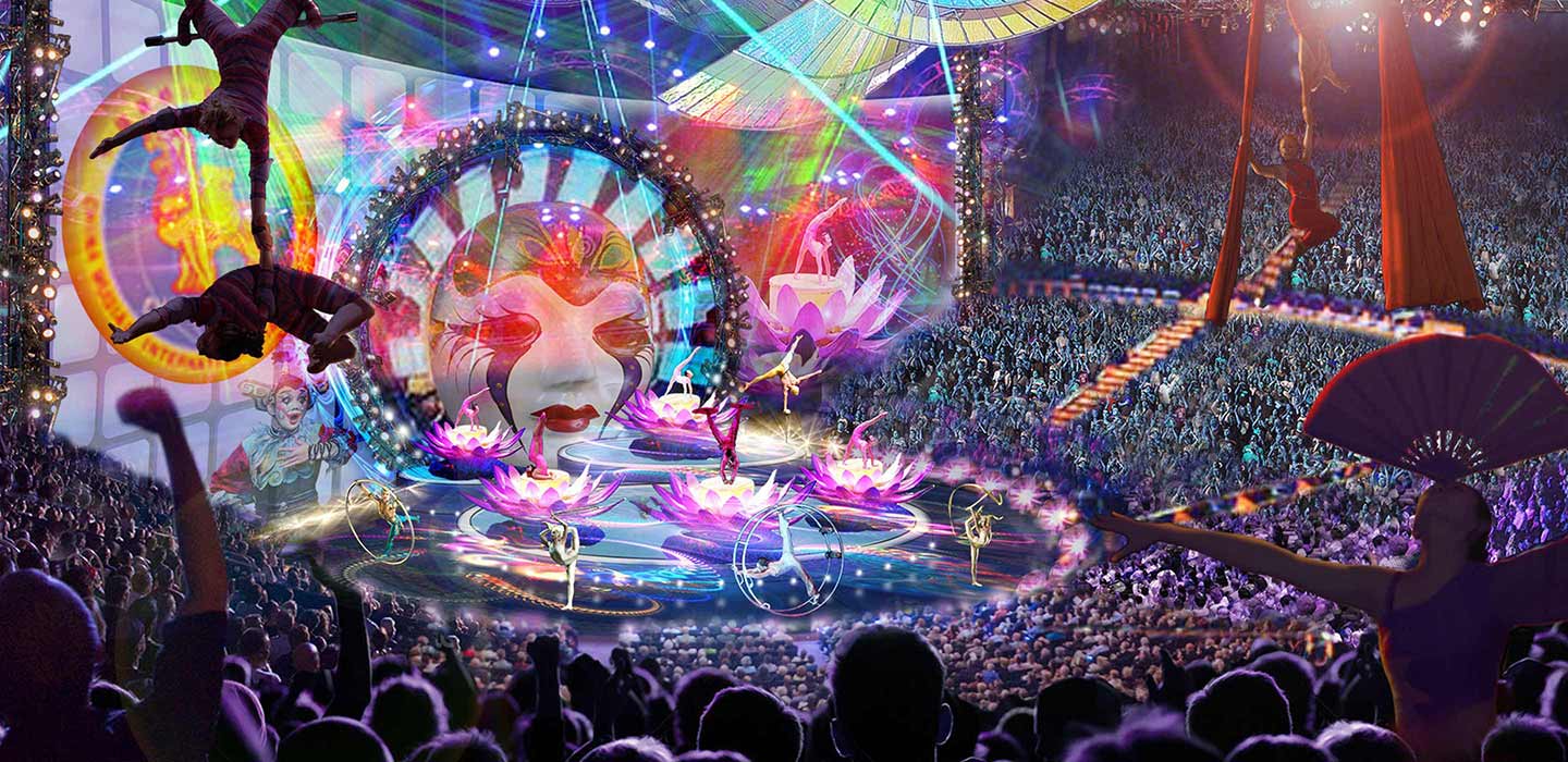 Render of Circus City Mixed-use development circus performance in huge stadium full of people