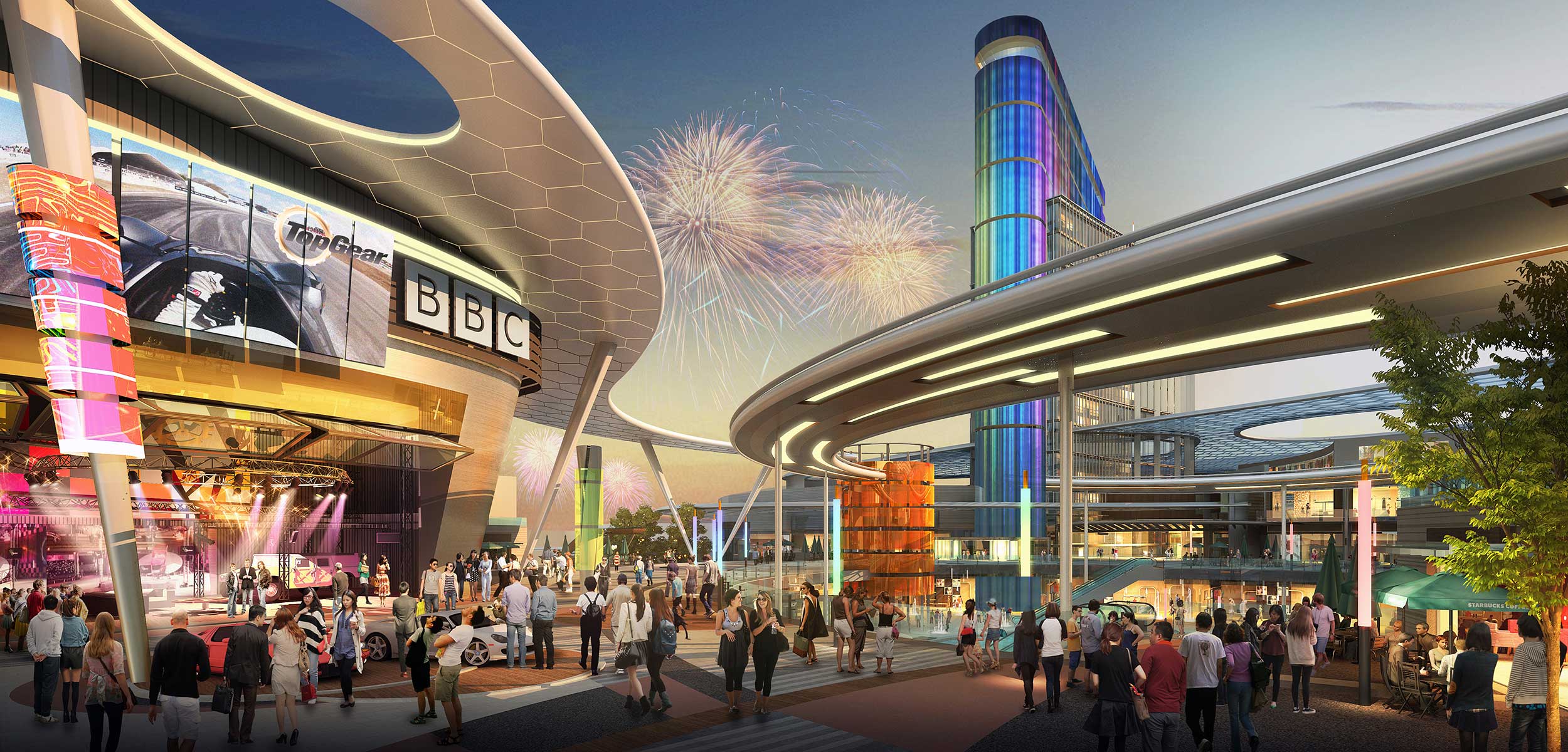 Render of Qingdao Tourist City with crowds of people next to a BBC building and fire works