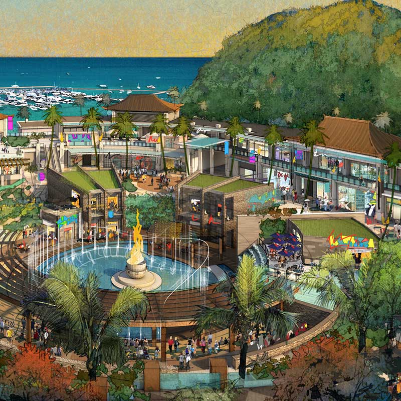 Render of side ariel view of Koh Lan Resort during sun set