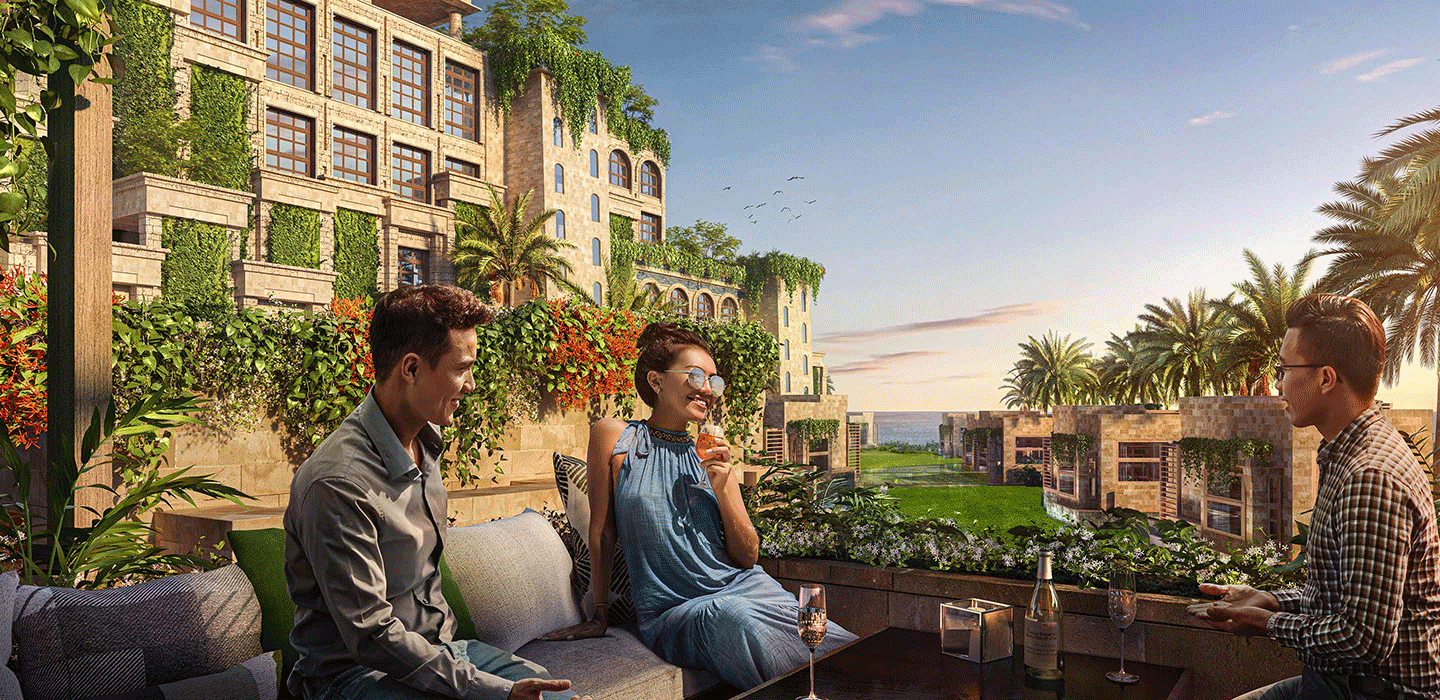 Render of three people sitting on Babylon Hotel balacony drinking