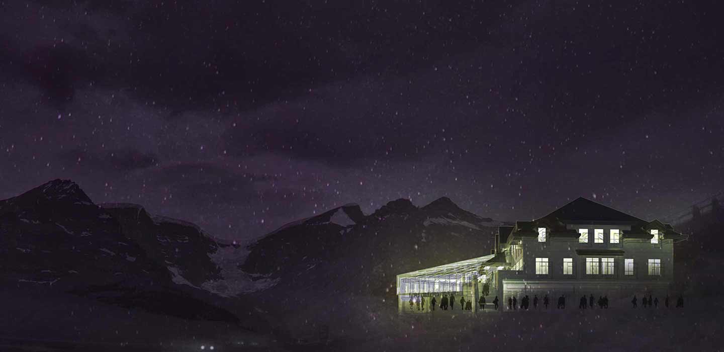 Render of the Glacier Discovery Centre at night with starry sky and mountains in background