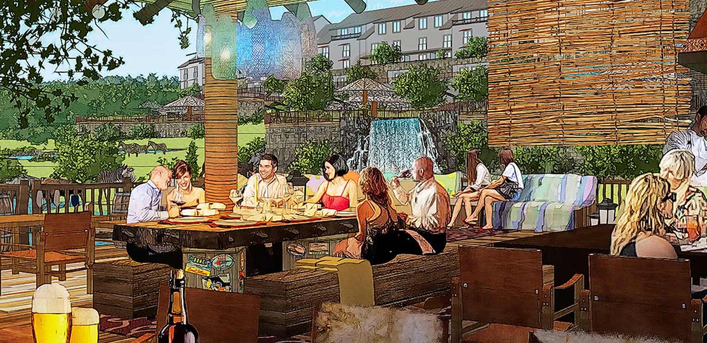 Render of people eating at the Longleat Resort outdoor restaurant