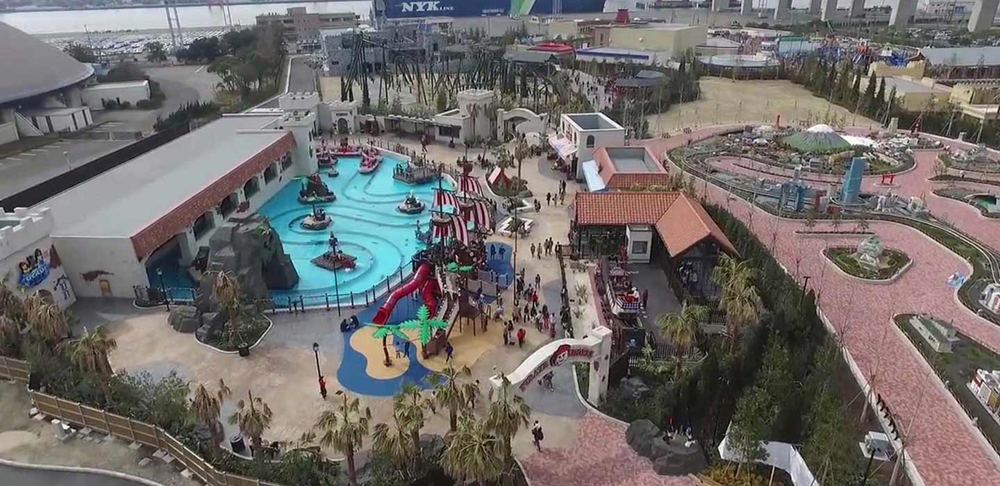 Ariel view of Legoland Japan pool and pirate ship playground