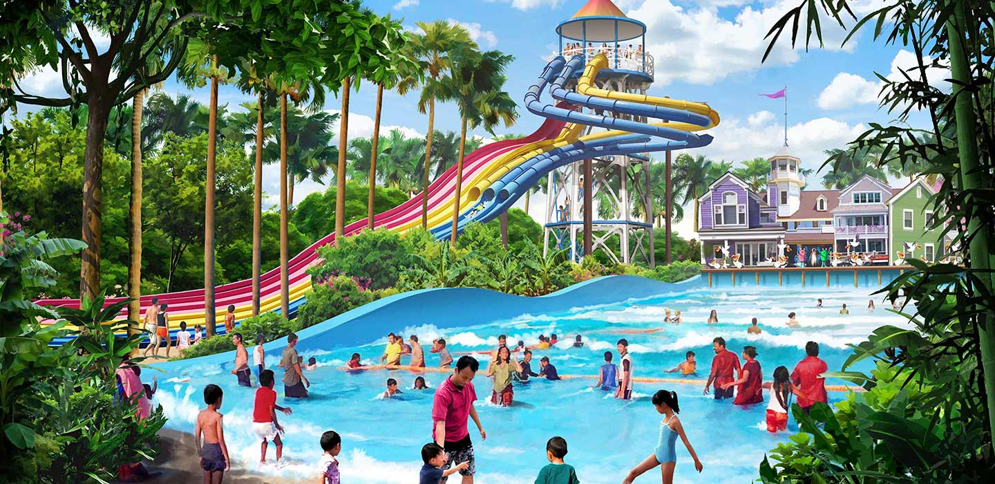 Render of red, yellow, and blue water slides next to people playing in wave pool at the Kota Baru Water Park