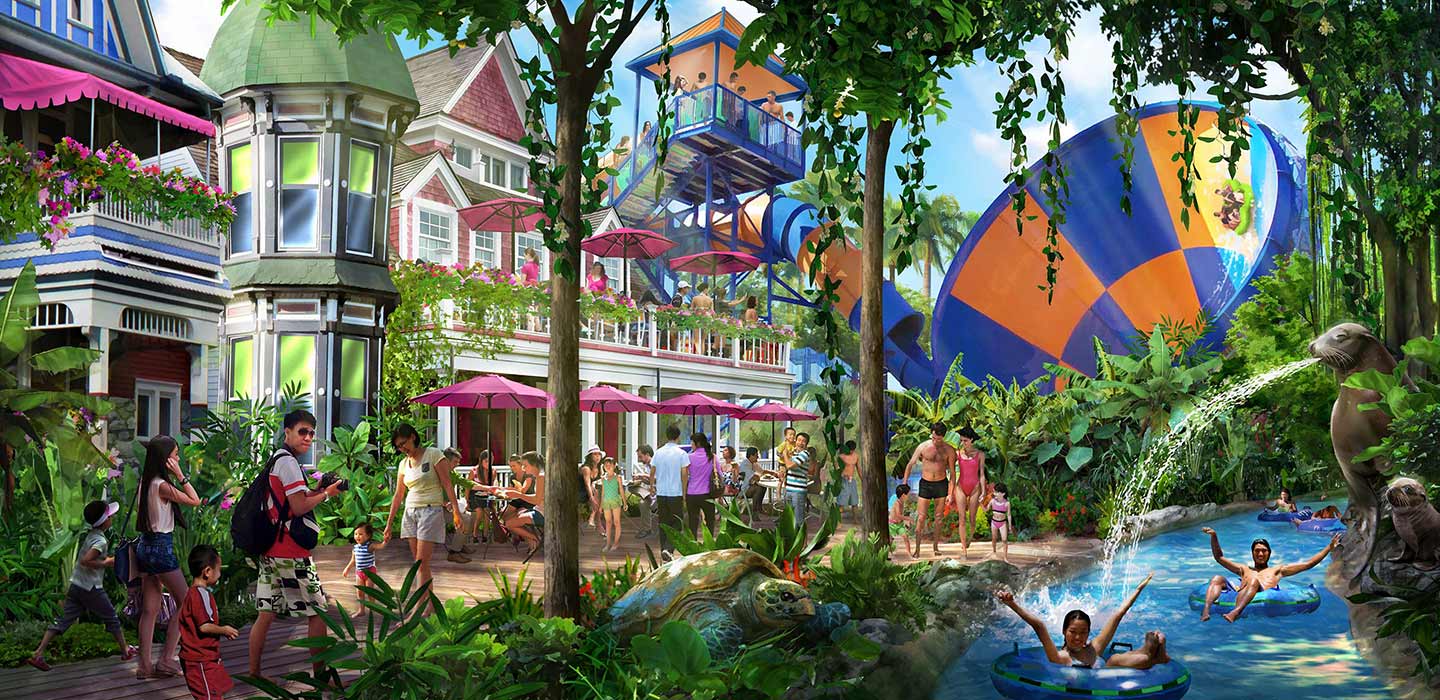 Render of Kota Baru Water Park with people tubing down river next to stores and blue and yellow checkered waterside in background