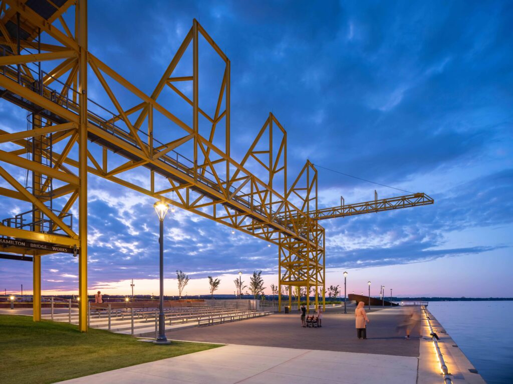 Big yellow structure on water front at Copps Pier at disk 