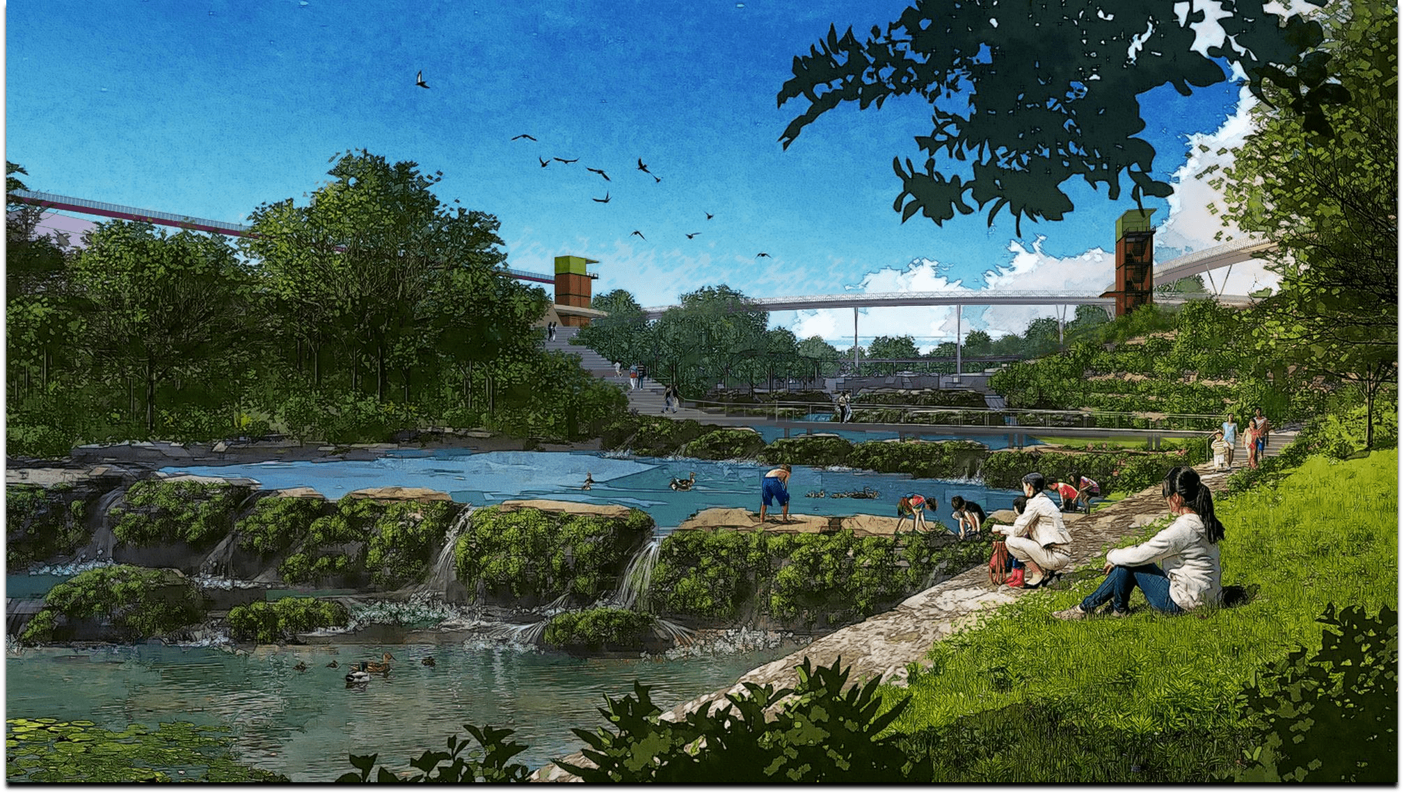 Render of river with mini rock waterfall and people enjoying sunny day