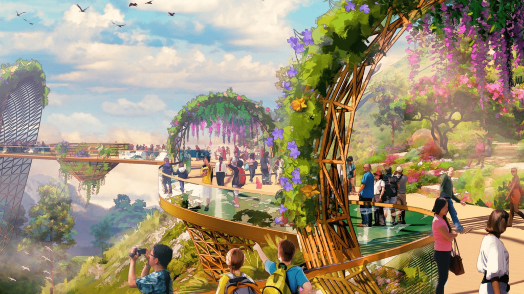 Render of long bridge with wooden arches with purple flowers coming down like a curtain 