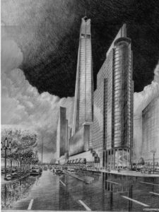 Black and white pencil sketch of skyscrapers by FORREC's Terry Brown