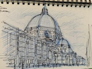 Terry Brown sketch of building with dome roof